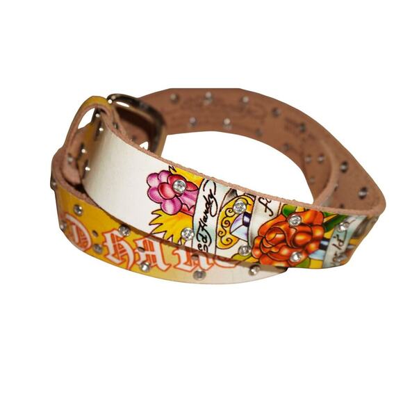 Ed Hardy by Christian Audigier Tattoo Graphic Studded Leather Belt Size S - Picture 2 of 8